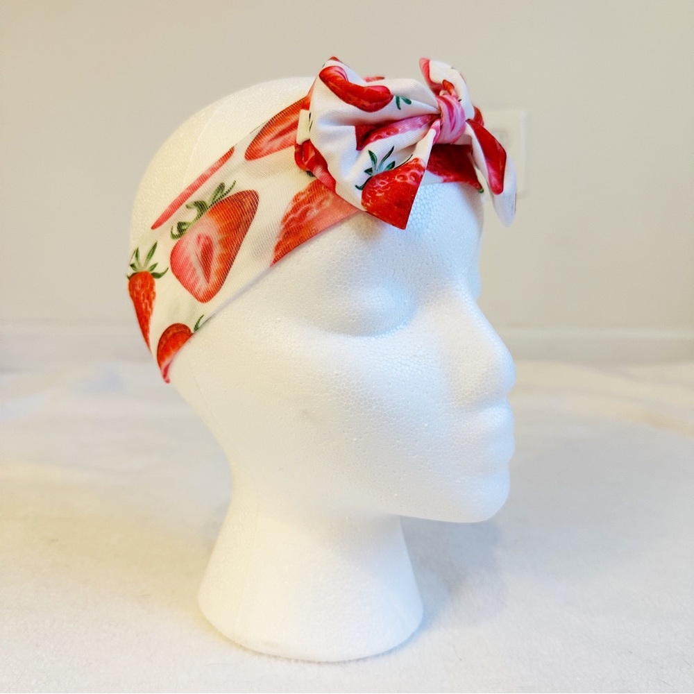 Baby Girl’s White Strawberry Print Headband Hair Bow Accessory, New without Tags